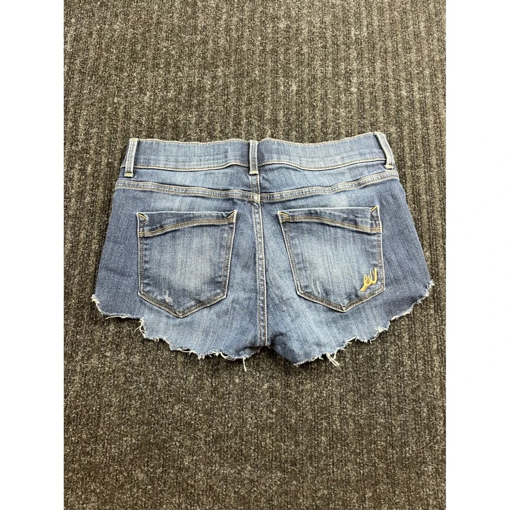Womens High Waisted Denim Shorts Medium Wash Blue Frayed Raw‎ Hem Cut Offs